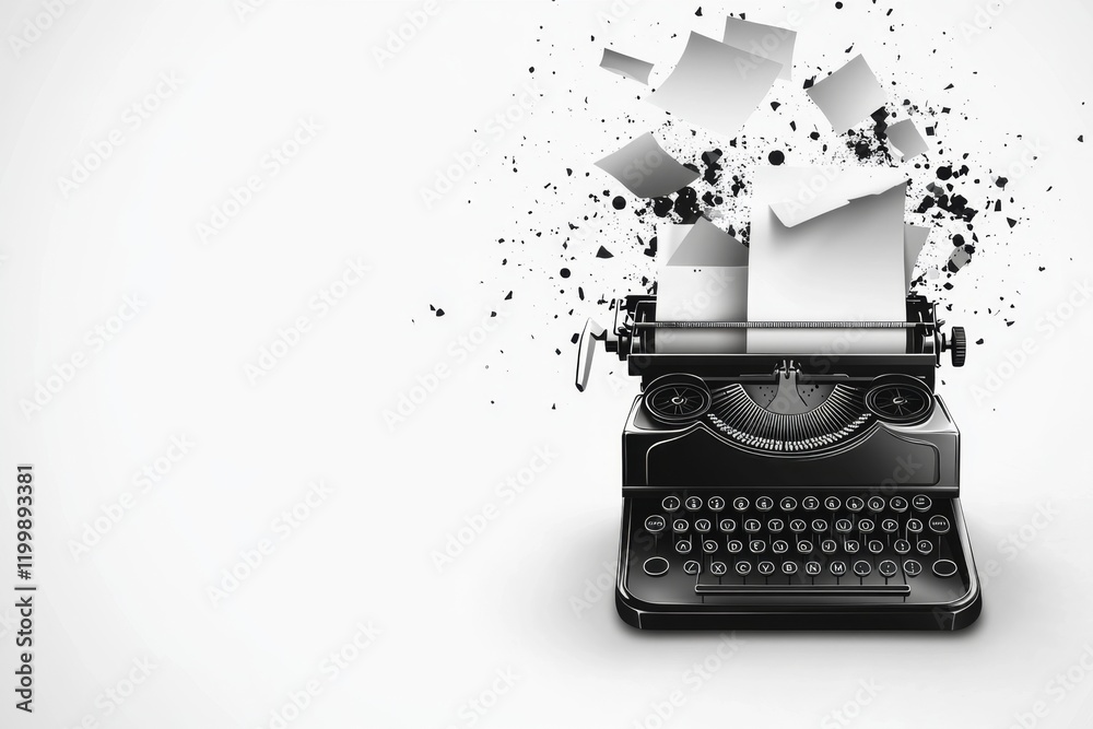 Poster a simple drawing of a typewriter with papers flying out, representing creativity, rendered on a cris