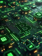 A vibrant green Bitcoin symbol glows on a circuit board. This image evokes the digital and technological essence of cryptocurrency. Ideal for articles or blog posts about Bitcoin, blockchain, or finte