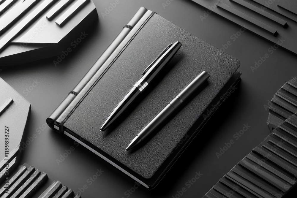 Aufkleber A simple geometric design of a pen and notebook, rendered in monochromatic tones with subtle shading