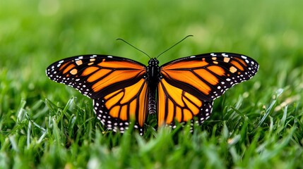 Fototapeta premium Vibrant orange butterfly resting on green grass in natural setting.