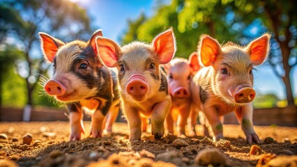 High-resolution summer photo:  cute piglets at a petting zoo, unforgettable contact experience.