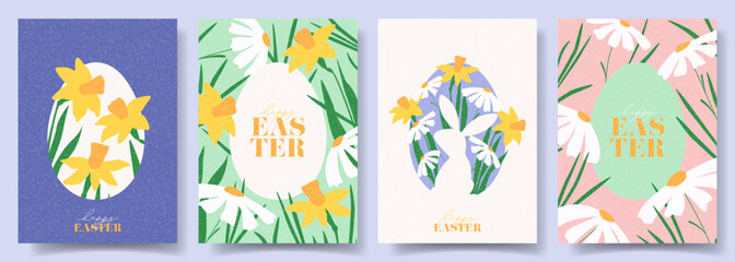 Fototapeta premium Set of holiday Easter cards. Creative Easter vector illustration with eggs, spring flowers and grass. Contemporary posters for design of party, celebration, ad, branding, cover, card, sale.