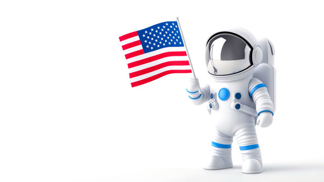 Space achievement. Cheerful cartoon astronaut in white spacesuit holding American flag on white background. Playful concept celebrating space exploration, innovation and national pride. Copy space