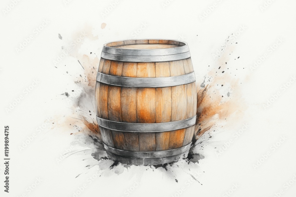 Poster a simple line drawing of a wooden barrel, with subtle shading and muted brown tones on a white backg
