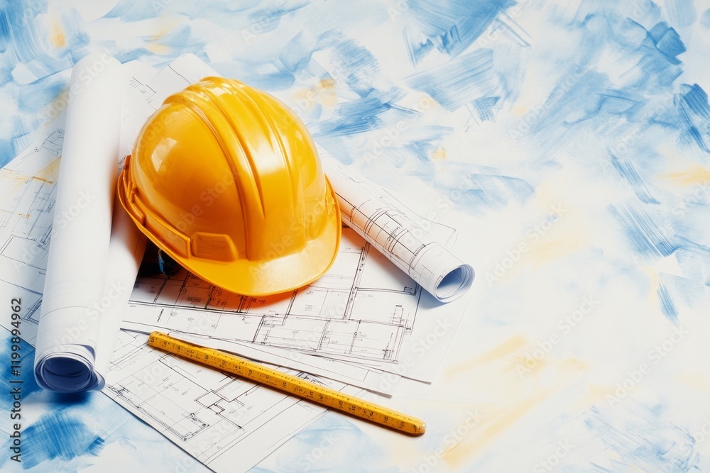 Poster a single construction helmet placed on top of a stack of blueprints, depicted in a simple, sleek sty