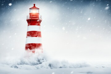 A snow-capped lighthouse standing tall against a stormy winter sea, with waves crashing onto the icy shore