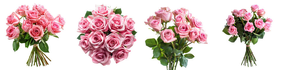 Collection of bouquets of pink roses valantine's isolated on transparent or white background