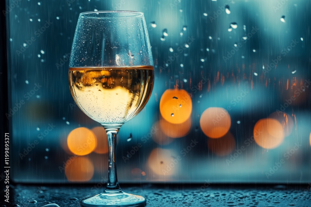 Poster a single wine glass placed on a windowsill, with raindrops on the glass window and soft light stream