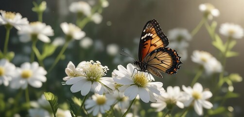 A single butterfly perched on a small white flower or blossom with gentle light, earthy, subtle