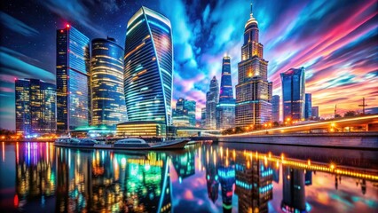 Fototapeta premium Moscow's futuristic skyline, a surreal dreamscape of night photography and digital art, merges modern architecture with fantastical sci-fi elements.