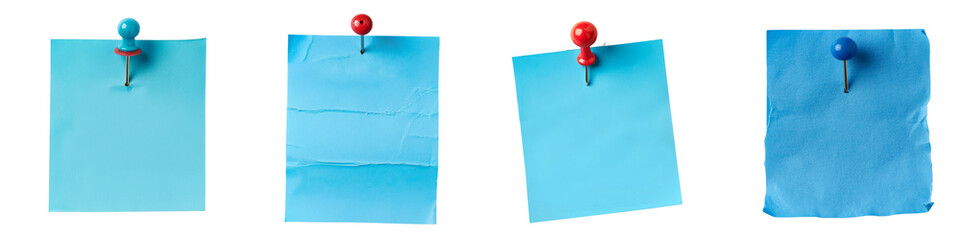 Collection of Blue papers note with push pins isolated on transparent or white background