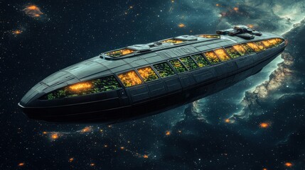Futuristic Spaceship with Lush Greenery in Galactic Background