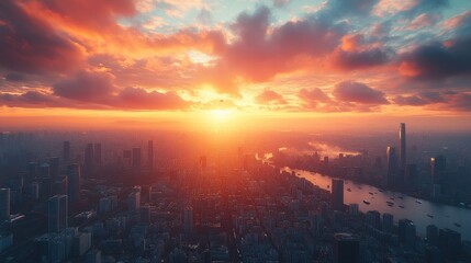 Naklejka premium A breathtaking sunset over a city skyline, showcasing vibrant colors and reflections.