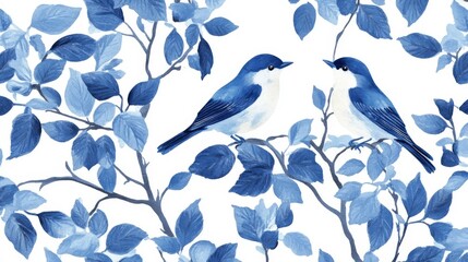Elegant Blue Birds Watercolor Painting on Branches Floral Design Pretty Nature Botanical Illustration Spring Summer     