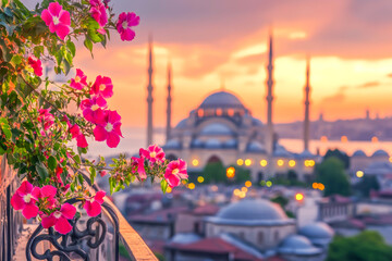 Obraz premium Pink flowers on decorative balcony rail overlooking Istanbul's skyline with the Blue Mosque at sunset. Romantic travel concept blending vibrant culture, history, and stunning views. Turkey journey