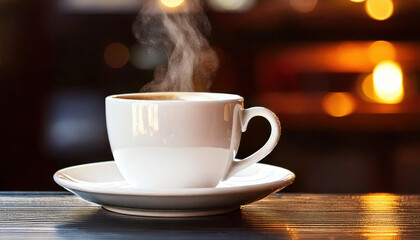 Fototapeta premium Steam rises from a white coffee cup on a saucer in a cozy cafe with warm lighting
