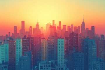 Fototapeta premium Bright sunrise over Manhattan skyline with colorful atmosphere illuminating skyscrapers and buildings in New York City