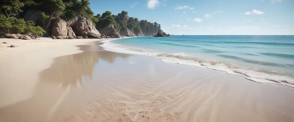 Obraz premium A tranquil beach scene with fine sand and clear blue water in the background, natural beauty, warm weather