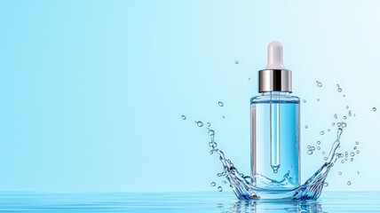 cosmetic glass dropper skincare bottle with hyaluronic acid or serum stands in water with splashes and drops on a blue background copy space for your text