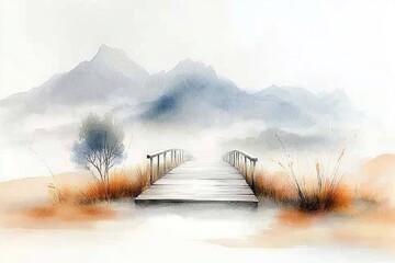 A soft watercolor painting of a wooden bridge spanning a tranquil stream, with lush greenery and blended pastel tones