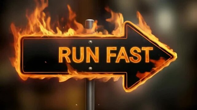 Fiery arrow sign urging "Run Fast," symbolizing urgency, speed, and escape; ideal for concepts related to time sensitivity, competition, or danger.