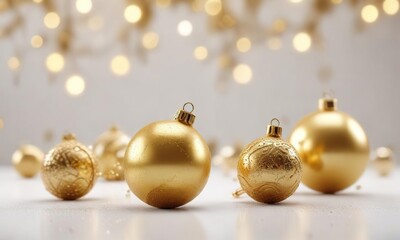 Fototapeta premium Bokeh effect with glitter and gold ornaments against a white background, metallic, festive decor, gold