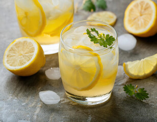 Fototapeta premium Refreshing homemade lemonade with lemon slices and ice on a rustic background