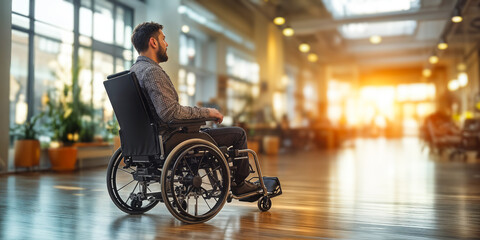 Obraz premium Wheelchair User in Modern Office Space Highlighting Assistive Technology and Accessibility