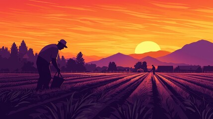 Obraz premium Worker Harvesting Crops at Sunset in Scenic Rural Landscape