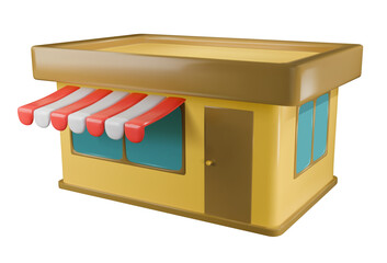 Building of a cafe shop on a white background. Isolated vector 3D illustration of the store building exterior facade.