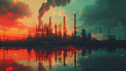 Obraz premium Towering Industrial Landscape Reflecting in Tranquil Waters at Sunset