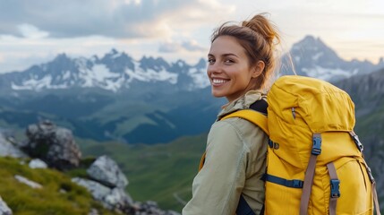 Happy hiker smiling, mountains background.