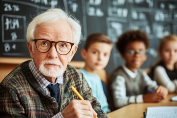 A teacher writing equations on a chalkboard while students watch attentively in a classroom