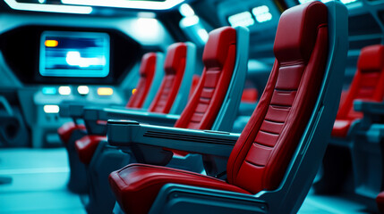 Fototapeta premium an editorial-style shot of a modern cinema interior, featuring sleek rows of empty red seats, dramatic ceiling lighting, and a glowing screen in the background
