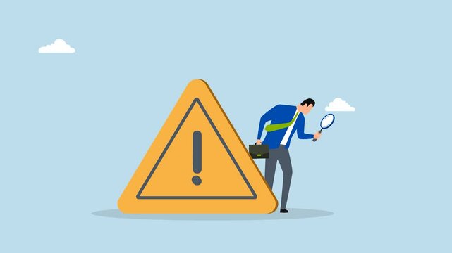 Incident management, 4k animation of Entrepreneur using a magnifying glass to examine an incident marked by an attention exclamation sign. 
