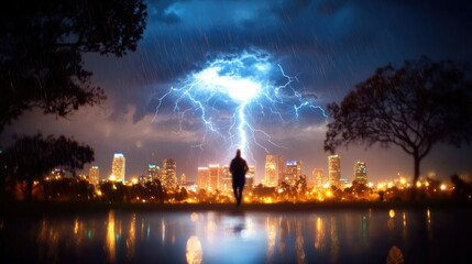 Dramatic lightning strikes over a city skyline during a nighttime storm