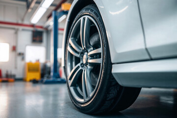 Close up of car wheel in car repair garage , Automotive concept , Generative AI