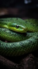 Fototapeta premium Close-up of a vibrant green snake resting on a branch