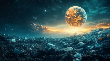 A Polluted Planet  A Dystopian Vision of Earth's Future Under a Starry Sky