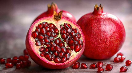 Juicy Pomegranate Cut Open, Seeds, Table, Closeup.