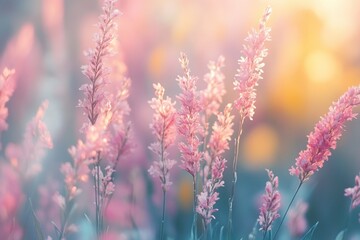Fototapeta premium Serene pastel meadow: blush pink wildflowers in soft morning light