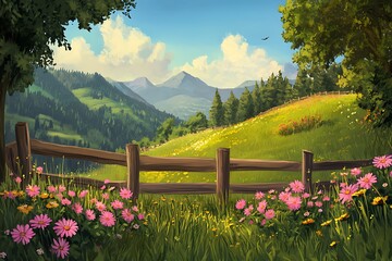 Fototapeta premium Sun-Drenched Alpine Meadow with Wildflowers and Rustic Fence