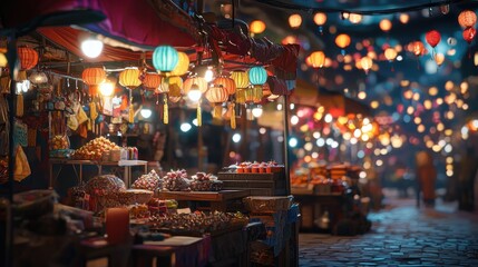 Vibrant night market filled with colorful lanterns and goods
