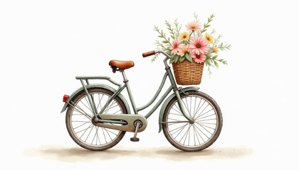 Fototapeta premium Vintage Bicycle with Floral Basket on White Background