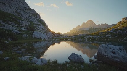 Naklejka premium Sunset Alpine lake reflection, mountains. Peaceful nature scene, travel poster.