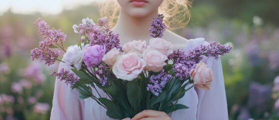 Obraz premium Person in white dress holding romantic bouquet of pale pink roses and purple lilacs in soft evening light, creating a delicate spring garden portrait composition. Generative AI