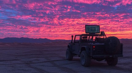 Adventurous Vehicle against Vibrant Sunset in Desert Landscape