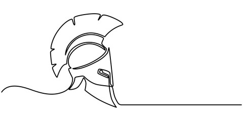 Knight helmet isolated on white background. Line art helmet. One line continuous vector illustration, Roman warrior knight helmet mask  continuous one line drawing. Spartan headgear single line art.