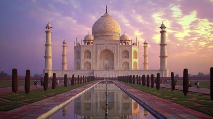 Fototapeta premium Taj Mahal sunset, India, tourists visiting, reflection.