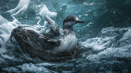 A bird struggling in the water, entangled in plastic debris. The image captures the tragic impact of pollution on wildlife as the bird flaps its wings, trapped by the harmful material.